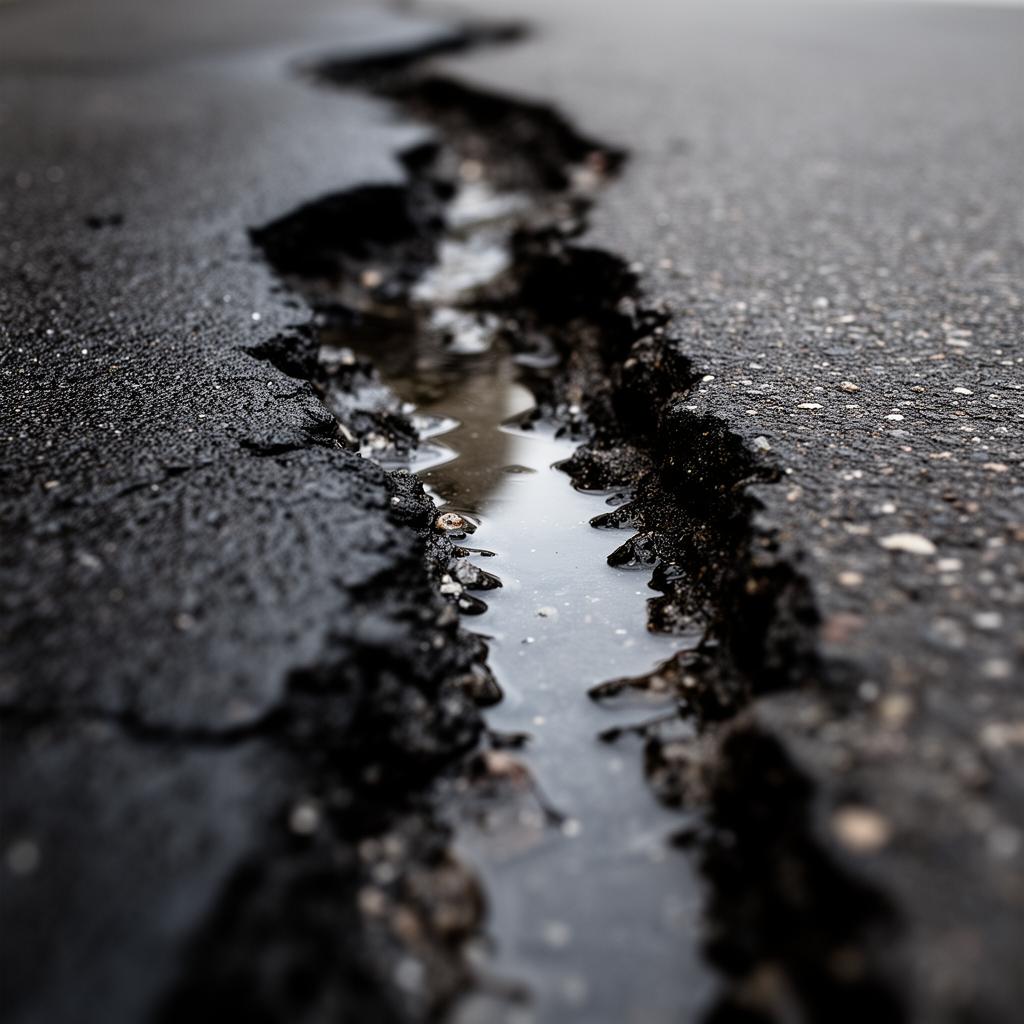 Macro close-up of water pooling in the seam of a cracked asphalt patch edge