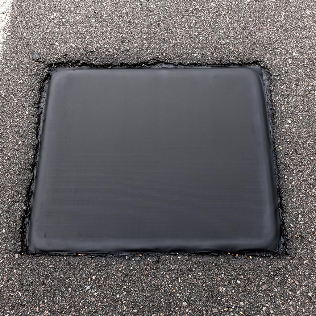 No Patch at All: a flush rectangular polymer sheet patch sealed seamlessly into the asphalt