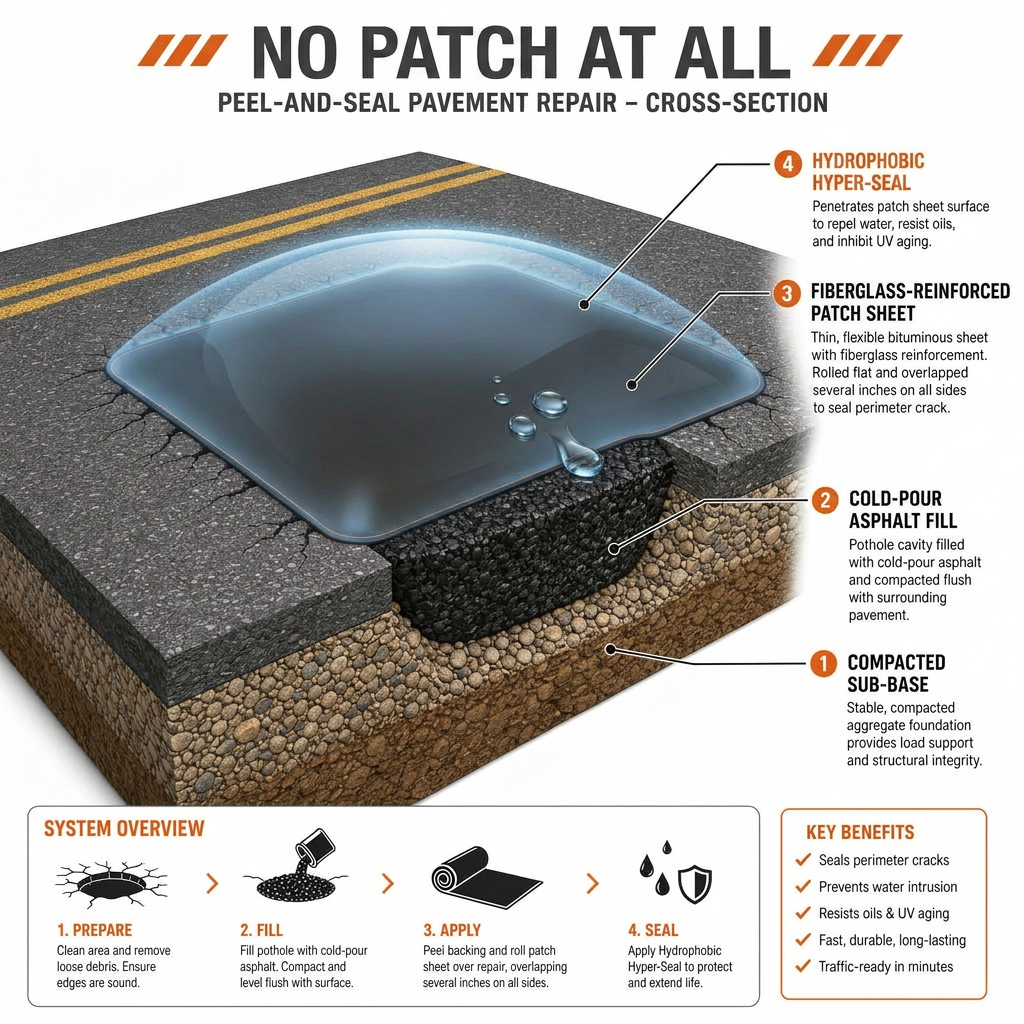 Technical cross-section of the No Patch at All system showing compacted sub-base, cold-pour asphalt fill, fiberglass-reinforced patch sheet, and hydrophobic hyper-seal