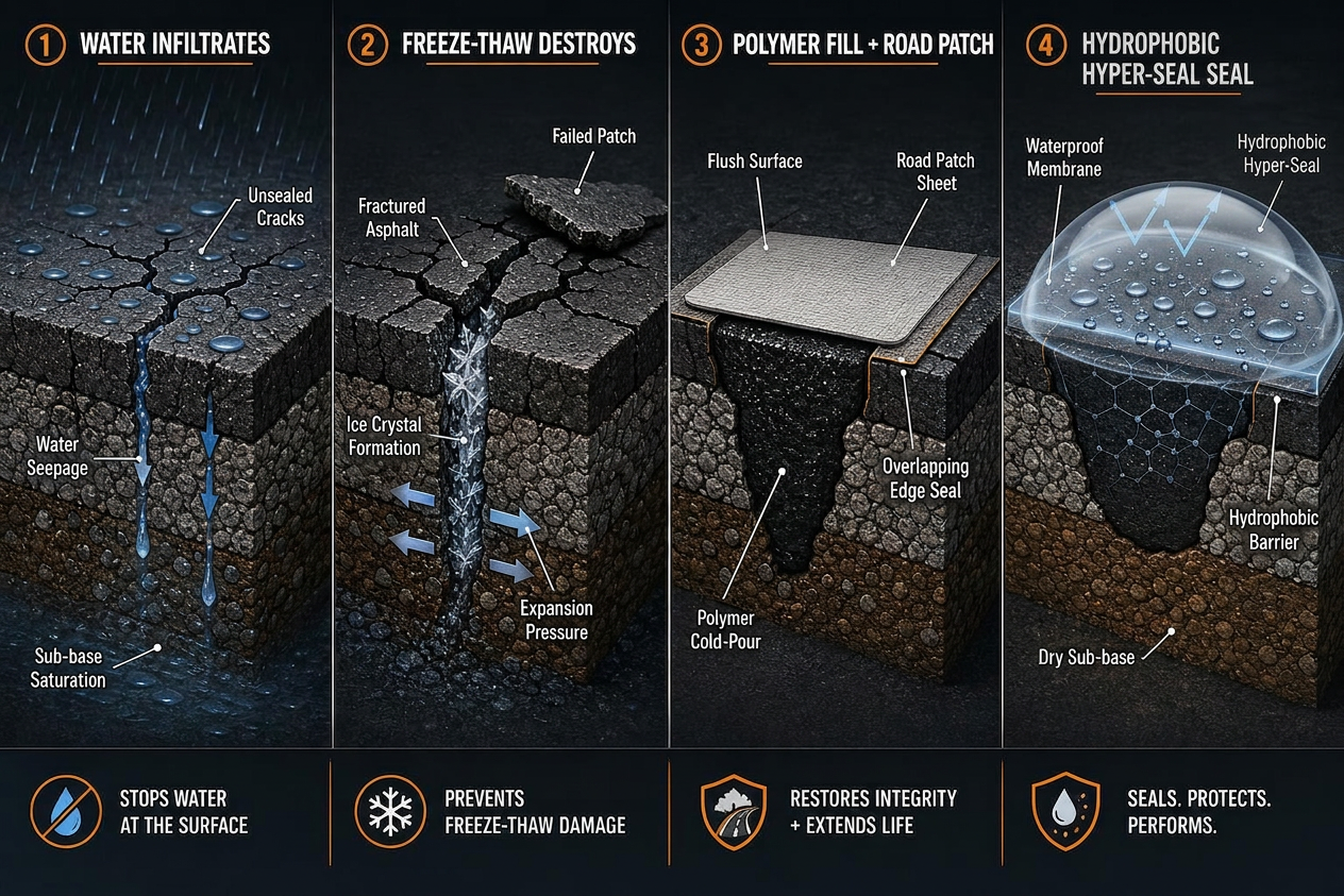 Four-panel cross-section diagram: water infiltration, freeze-thaw destruction, polymer road patch, and hydrophobic hyper-seal