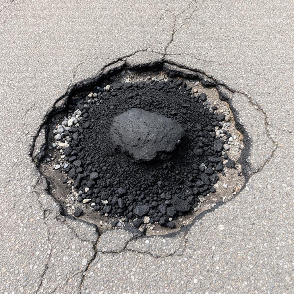 A traditional cold patch with crumbling edges, loose aggregate, and a raised lump in the middle
